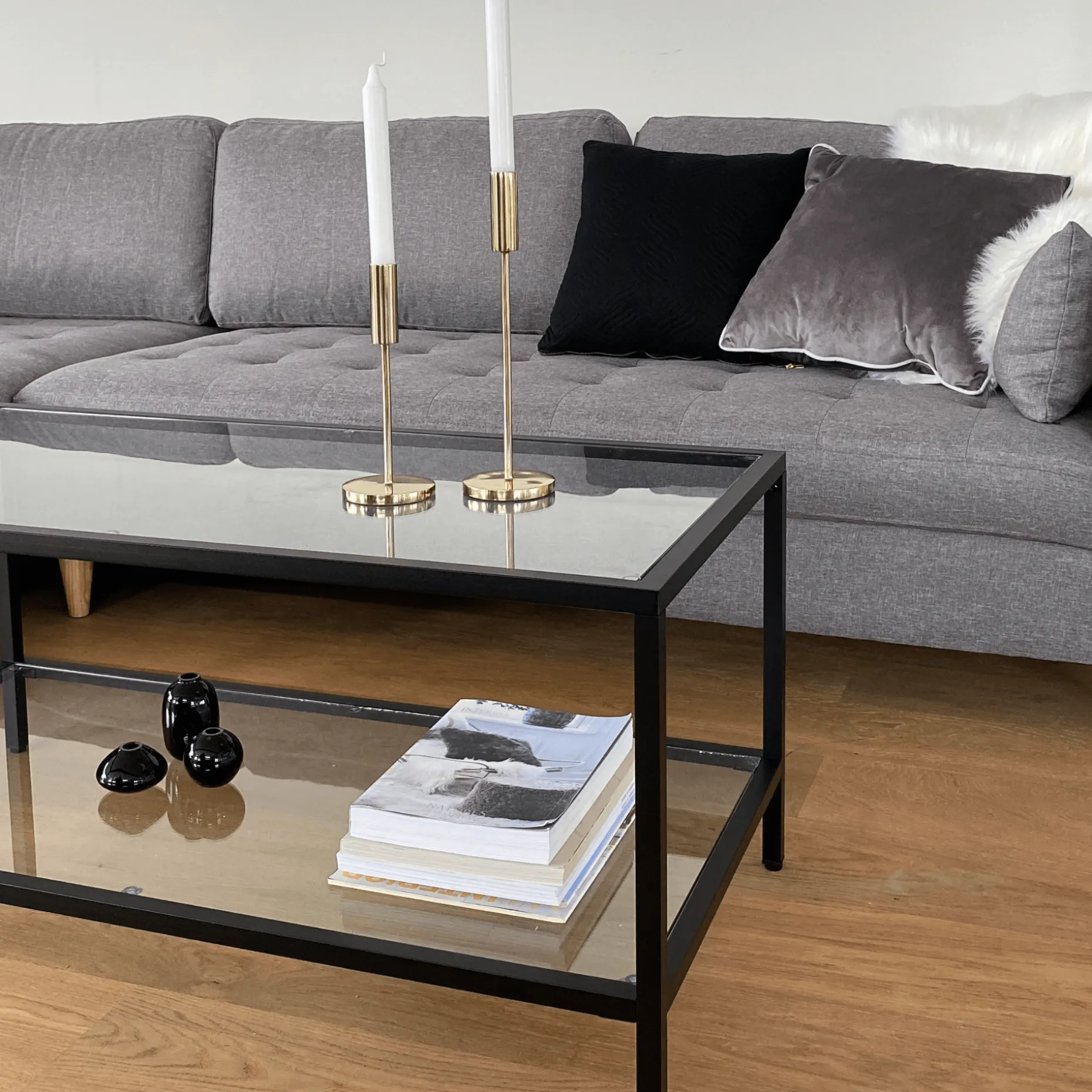 Bianca sort sofabord metalstel og glas - 100x50x40 cm