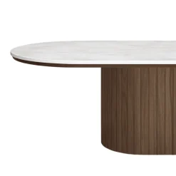 Bobby - Oval sofabord med lys beige stenbordplade og fod i røget eg 120x55x45 cm