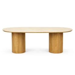 Enzo ovalt spisebord med stenbordplade i beige og lamelfod i eg 220x100x76 cm