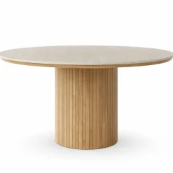 Enzo rundt spisebord med bordplade i beige sten og lamelfod i egetræ Ø120 cm