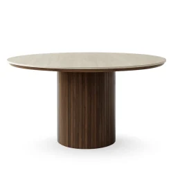 Enzo rundt spisebord med bordplade i beige sten og lamelfod i røget egetræ Ø120 cm