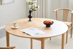 Joshua - Rundt spisebord i natur egefiner med udtræk 120/160/200 cm - Inkl. 2 Tillægsplader