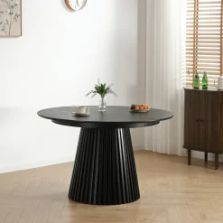 Lewis - Lamel rundt Spisebord I sort Egefiner med udtræk 120/160/200 CM - 2x tillægsplader medfølger