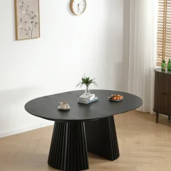 Lewis - Lamel rundt Spisebord I sort Egefiner med udtræk 120/160/200 CM - 2x tillægsplader medfølger