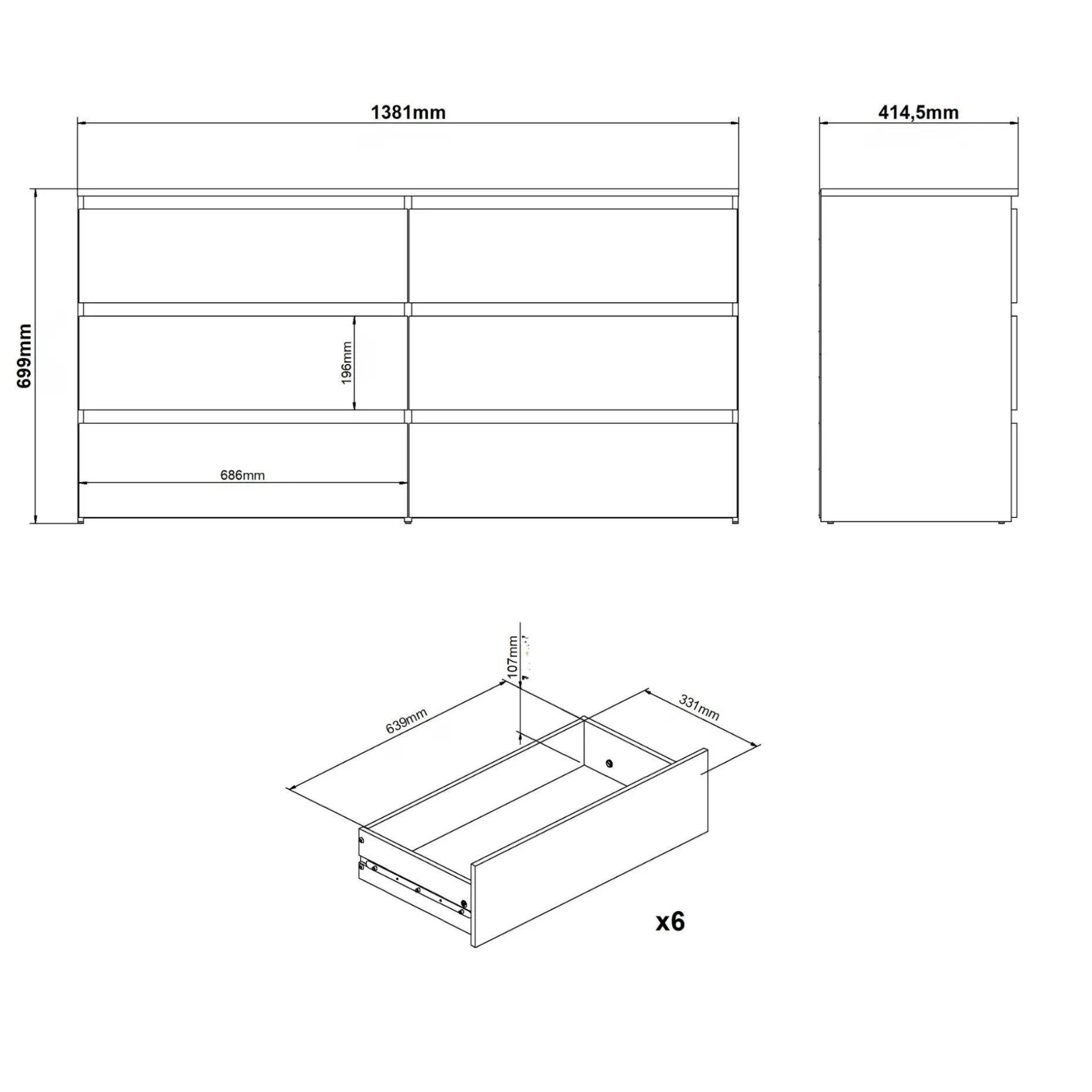 Maise kommode H:70 x B:138 x B:41 cm med 6 skuffer i hvid