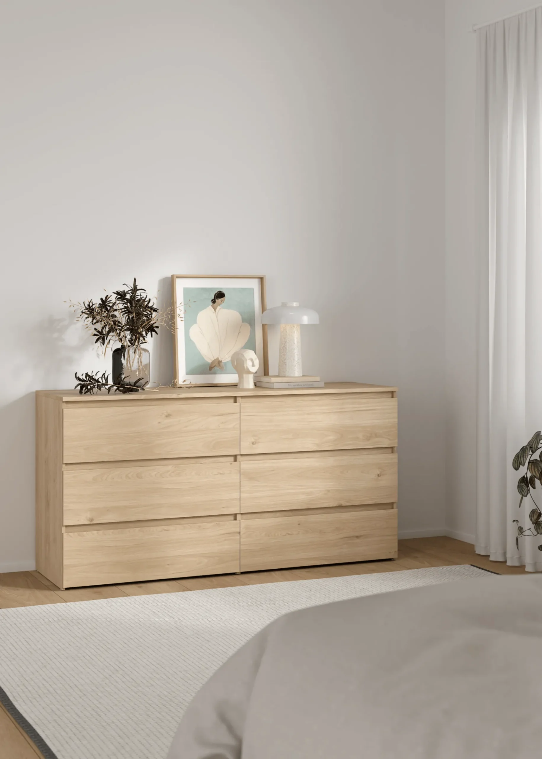 Maise kommode H:70 x B:138 x B:41 cm med 6 skuffer i egelook