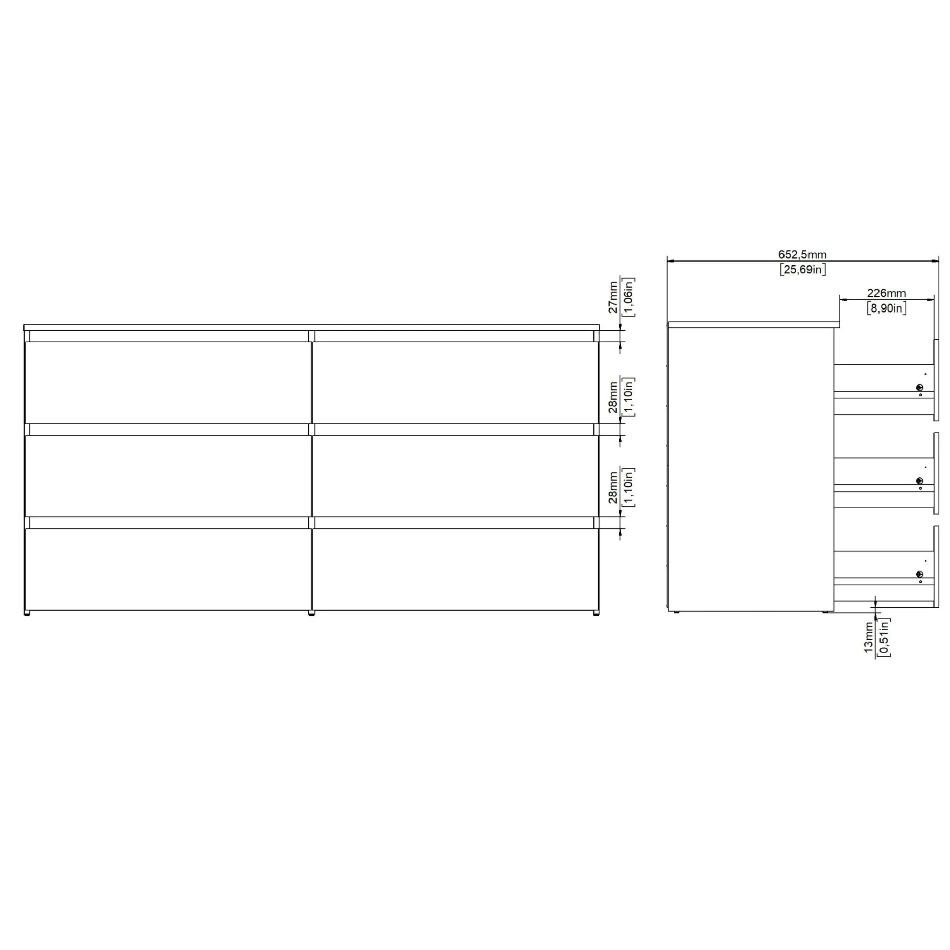 Maise kommode H:70 x B:138 x B:41 cm med 6 skuffer i egelook