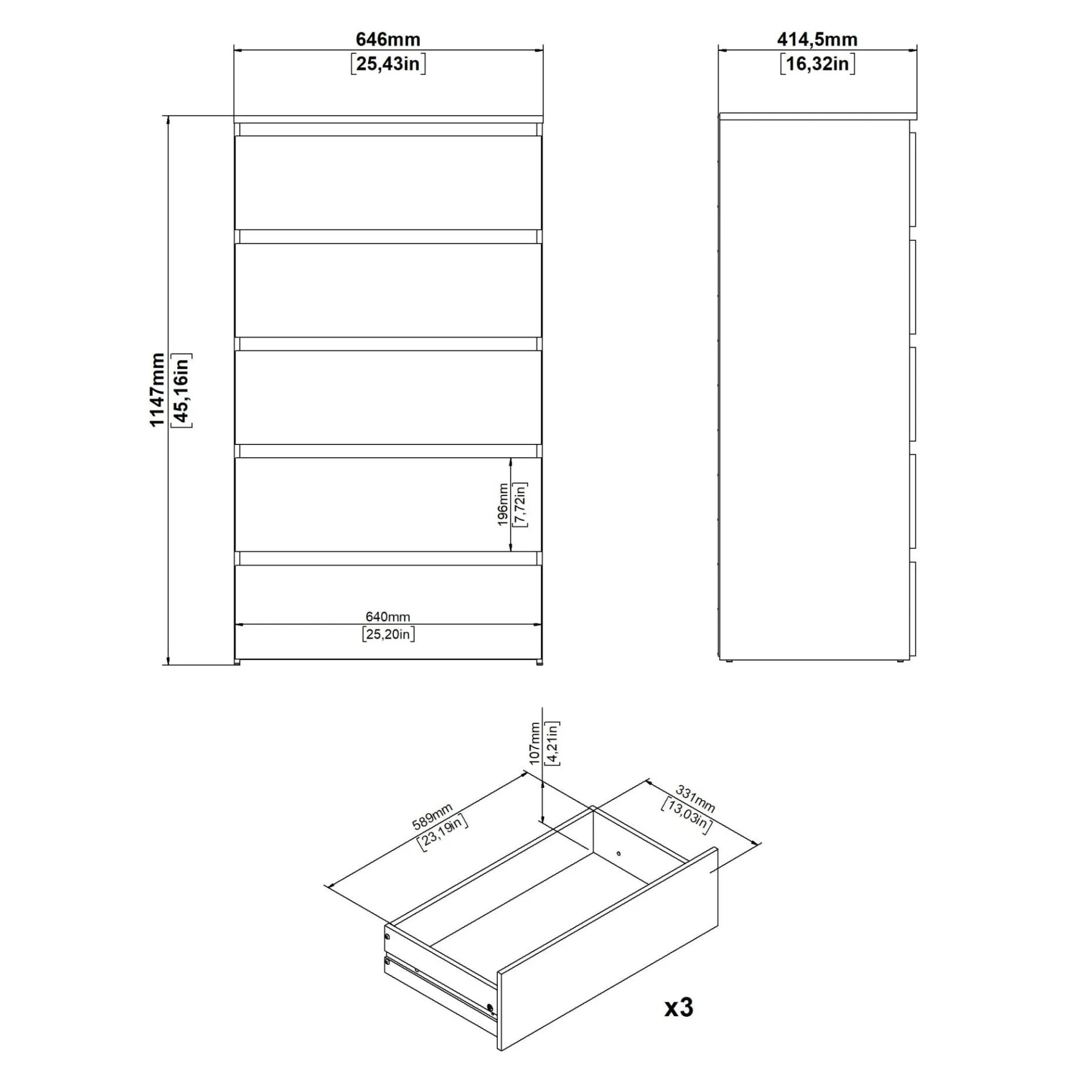 Maise kommode H:114 x B:65 x D:41 cm med 5 skuffer i hvid