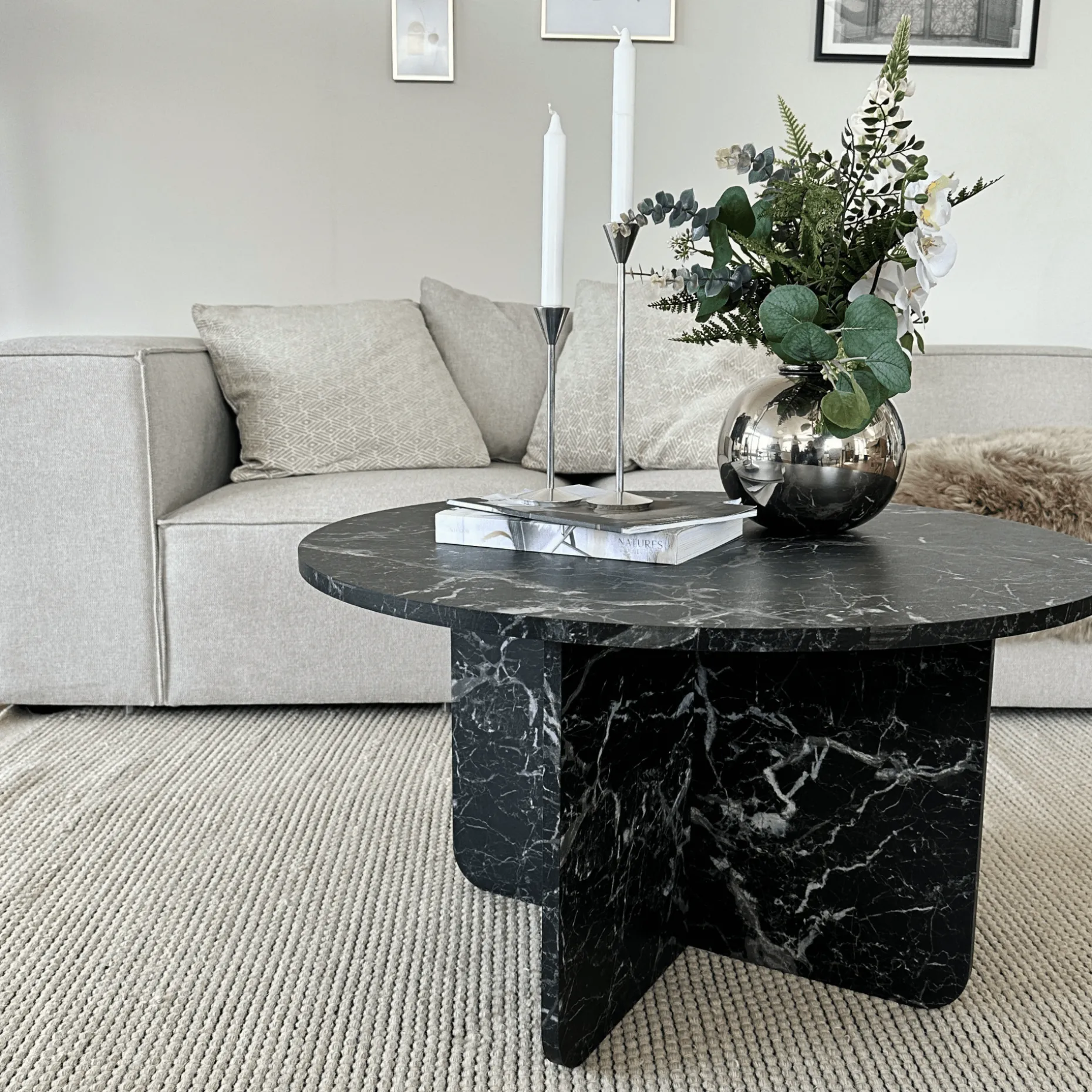 Mercy sofabord sort marmor look Ø80 cm