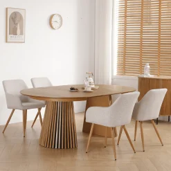 Spisebordssæt - Lewis lamel spisebord Ø120 cm med udtræk i egefiner + 6 x Jenna spisebordsstole i beige