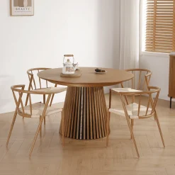 Spisebordssæt - Lewis lamel spisebord Ø120 cm med udtræk i egefiner + 6 x Bella spisebordsstole i egelook